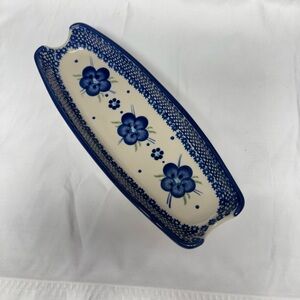 Polish Pottery Unikat Blue Belle Fleur 9” Corn Tray 67-1 Artist Signed Rare